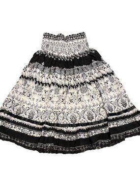 Lapis Bohemian Style Black & White Maxi Skirt Satin Ribbons Lace Size Large